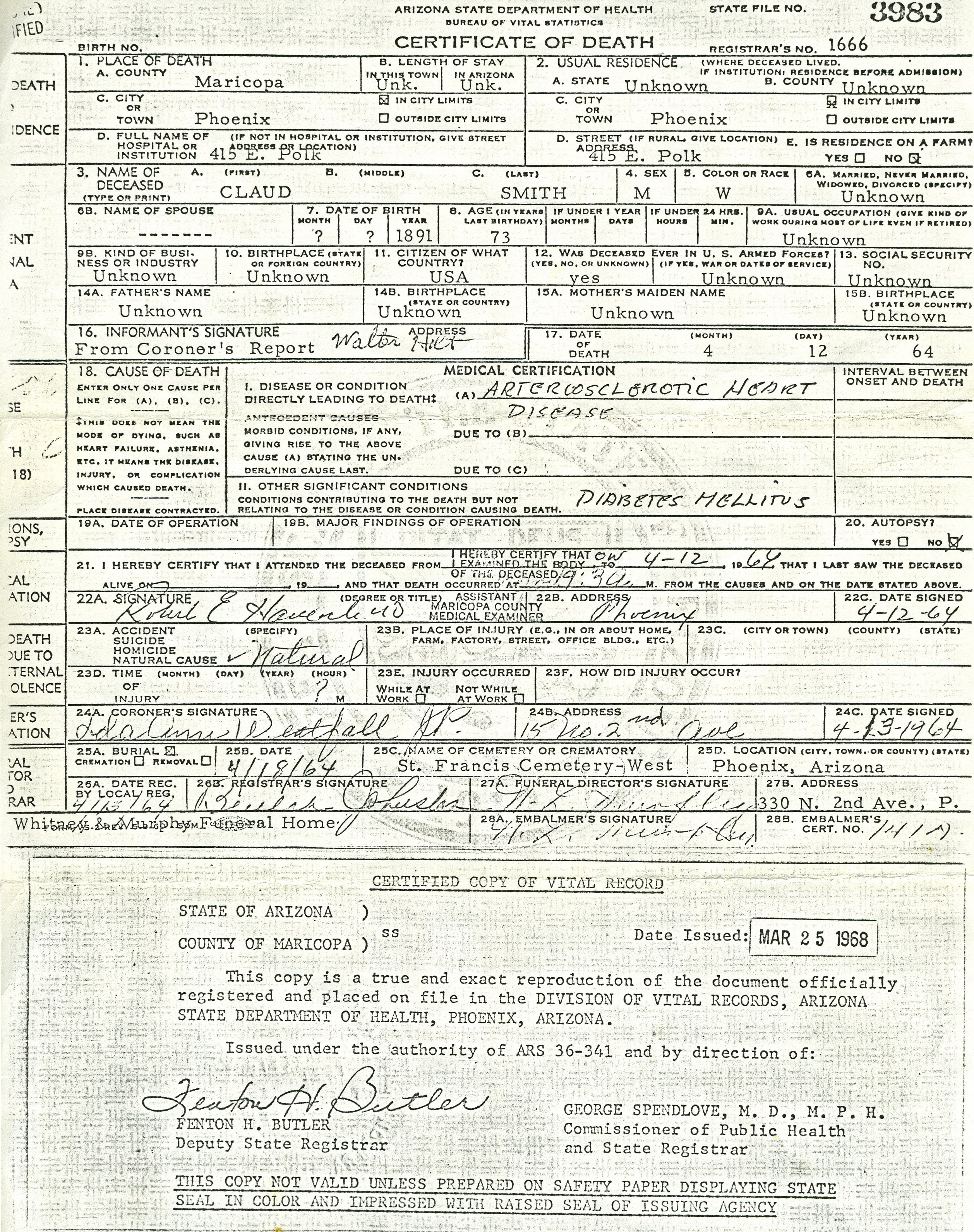 Documents: Claude James Smith | Death Certificate: Vandiver Family ...